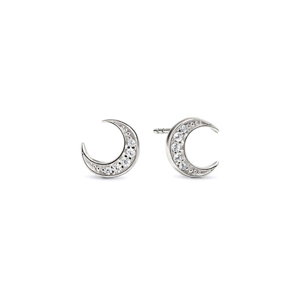 Sterling silver crescent moon studs with pavé white zirconia, on a white background