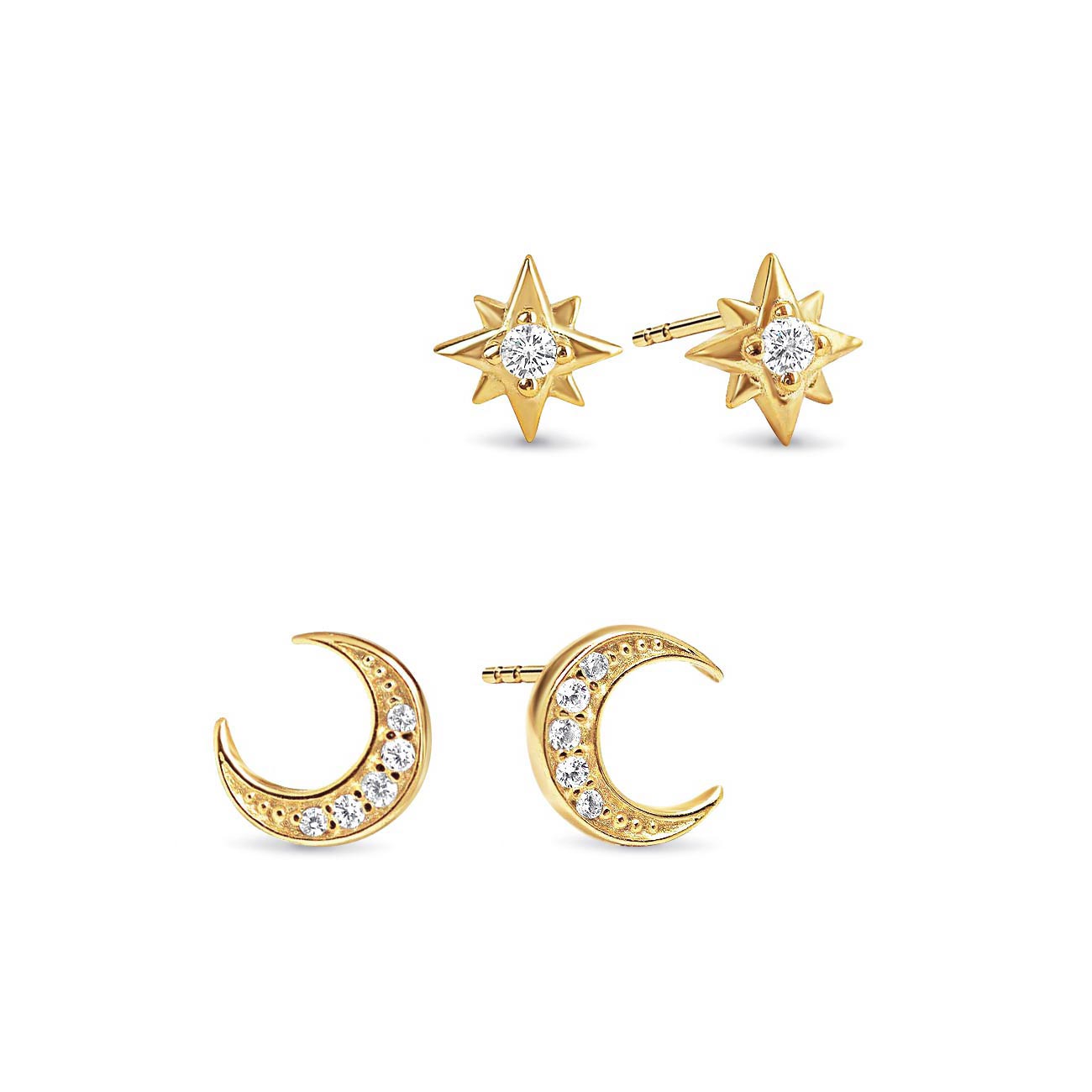 14K gold star and crescent moon stud earring set with clear pavé stones, on a white background