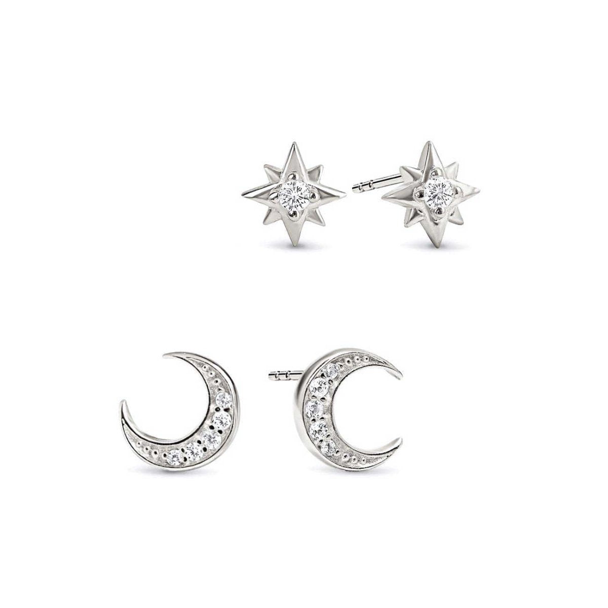 Sterling silver star and crescent moon stud earring set with clear pavé stones, on a white background