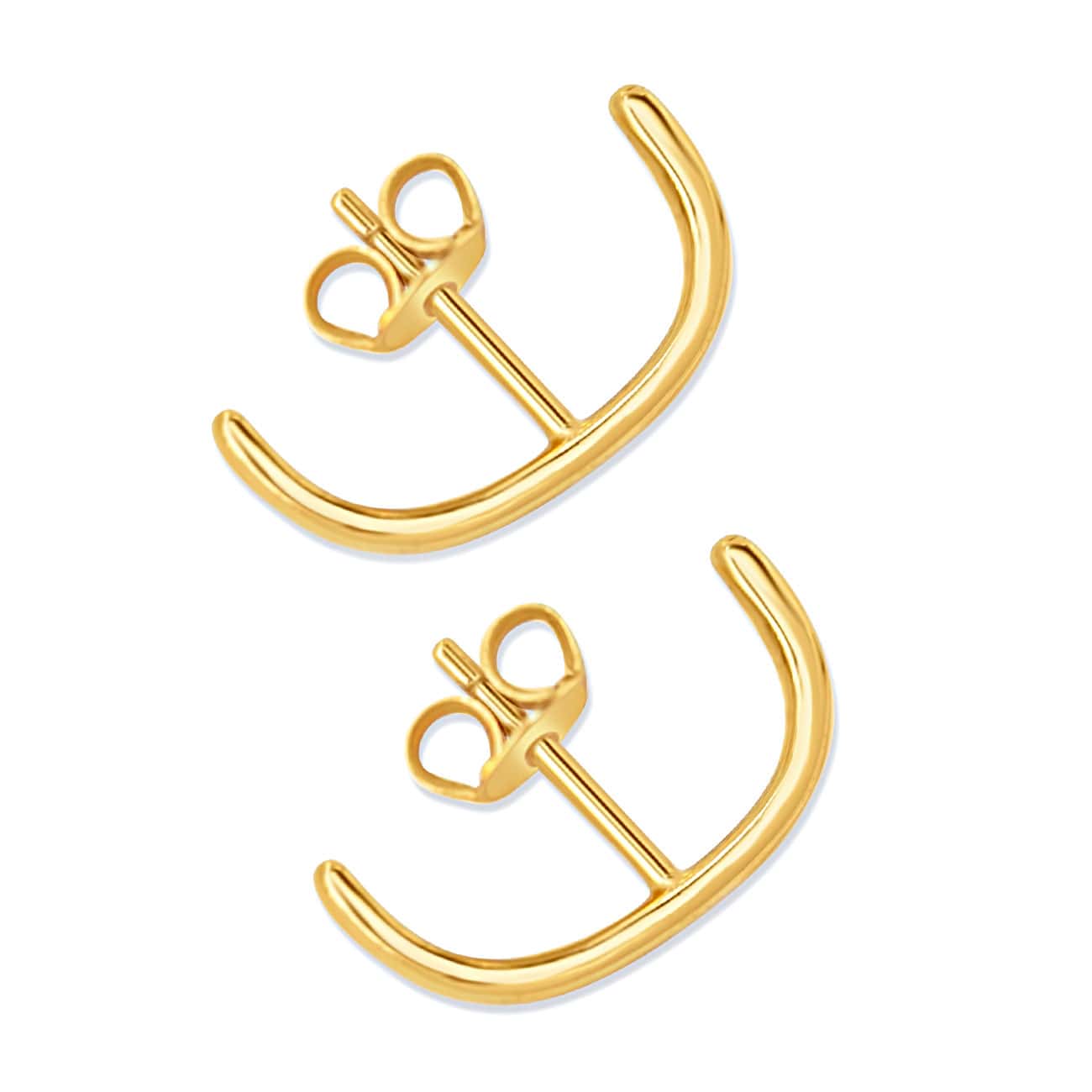 Gold vermeil curved bar suspender earrings on a white background