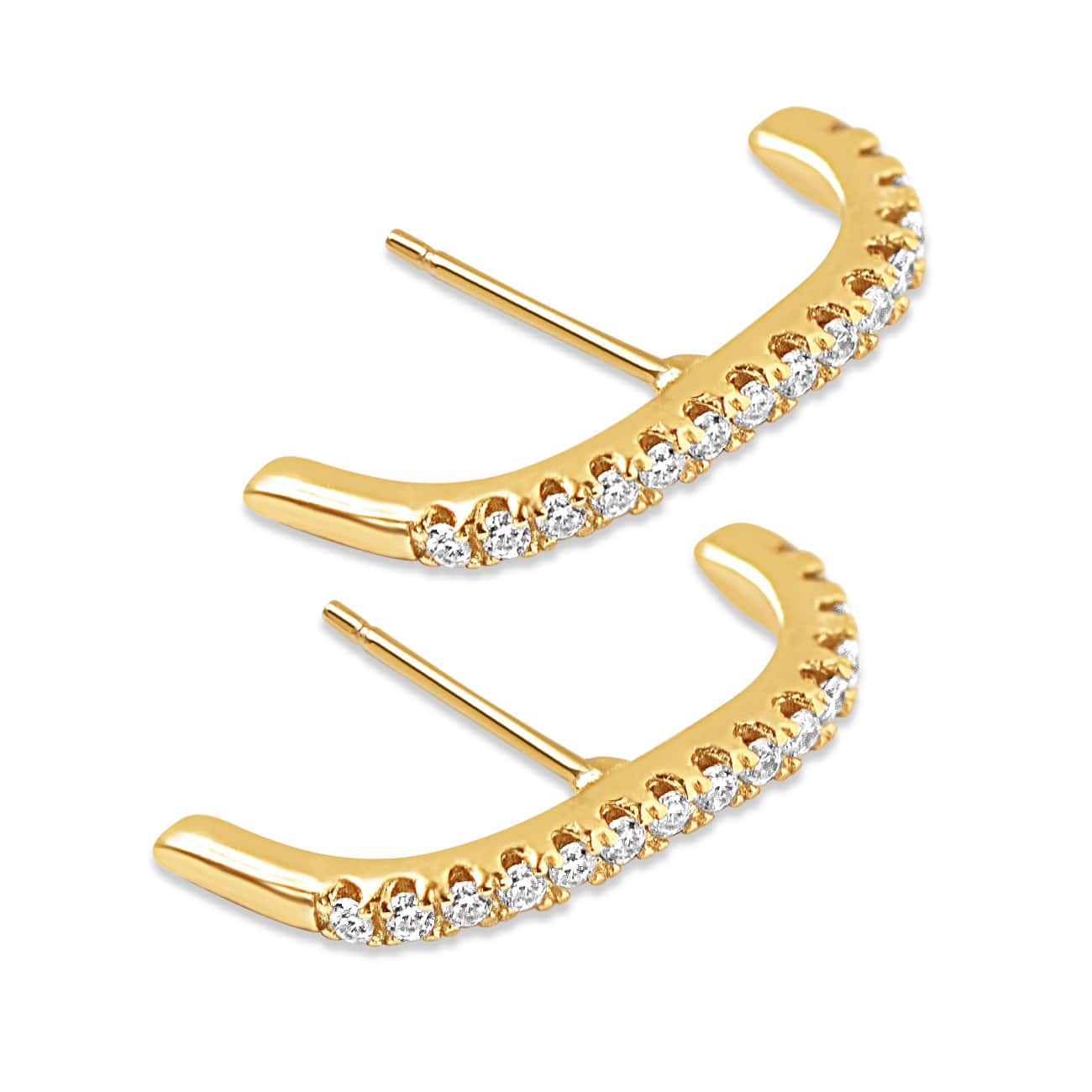 Pair of gold vermeil pavé suspender earrings set with white zirconia, on a white background