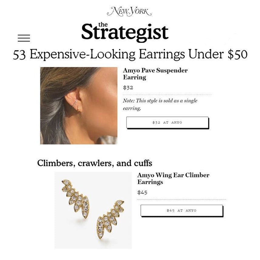 Editorial feature naming the gold vermeil pave suspender earring among expensive-looking earrings