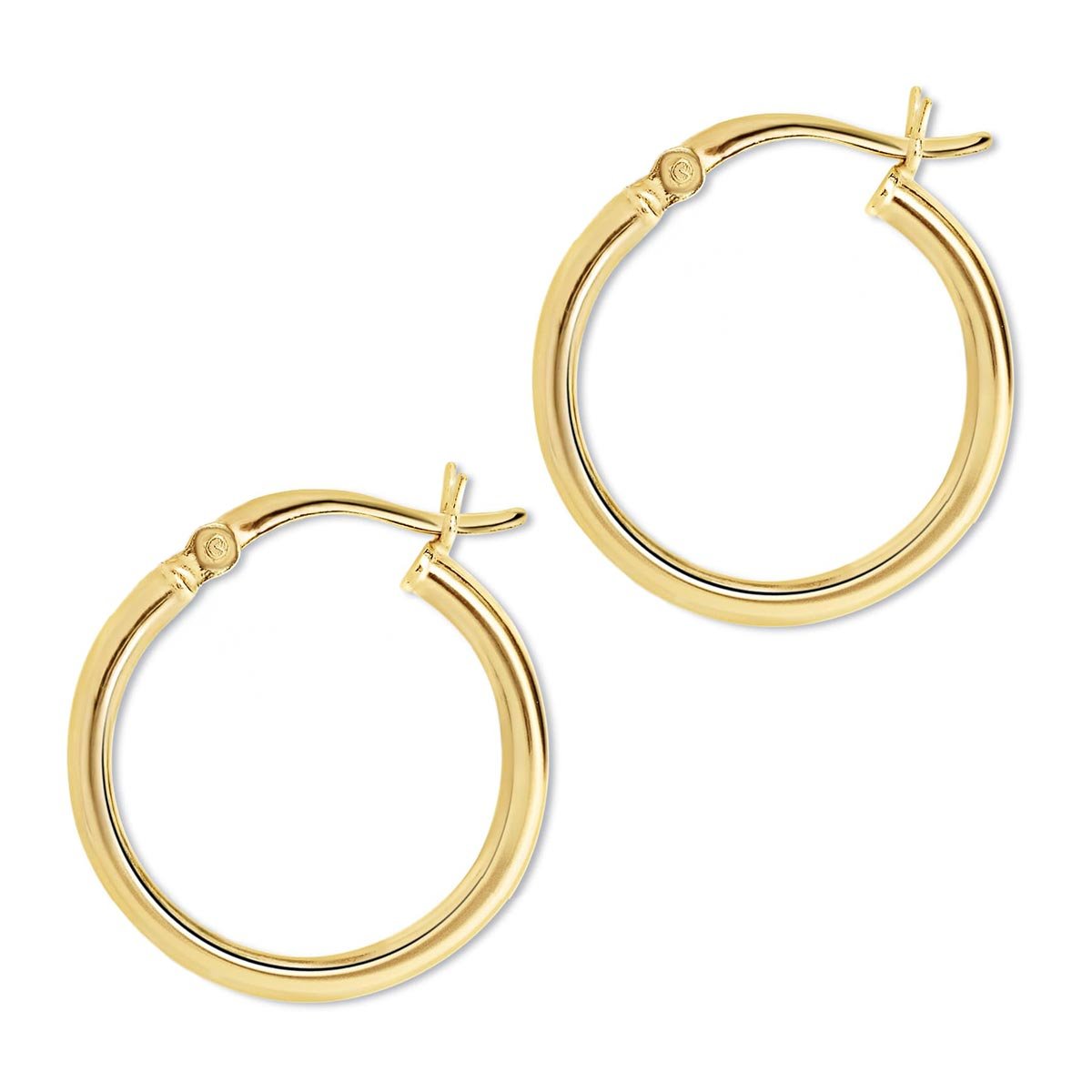 Gold vermeil thin hoop earrings with a hinged click closure, on a white background