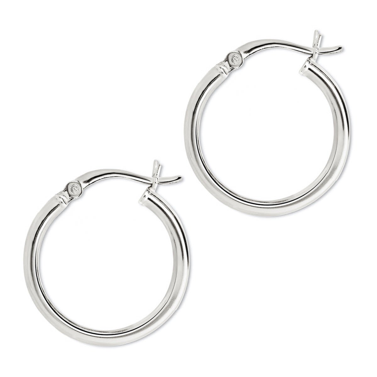 Sterling silver thin hoop earrings with a hinged click closure, on a white background