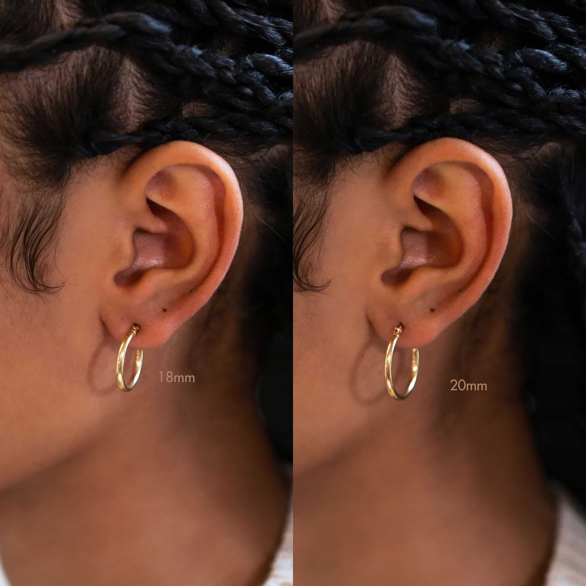 Gold vermeil thin small hoops compared at 18mm and 20mm, shown on a model's lobe
