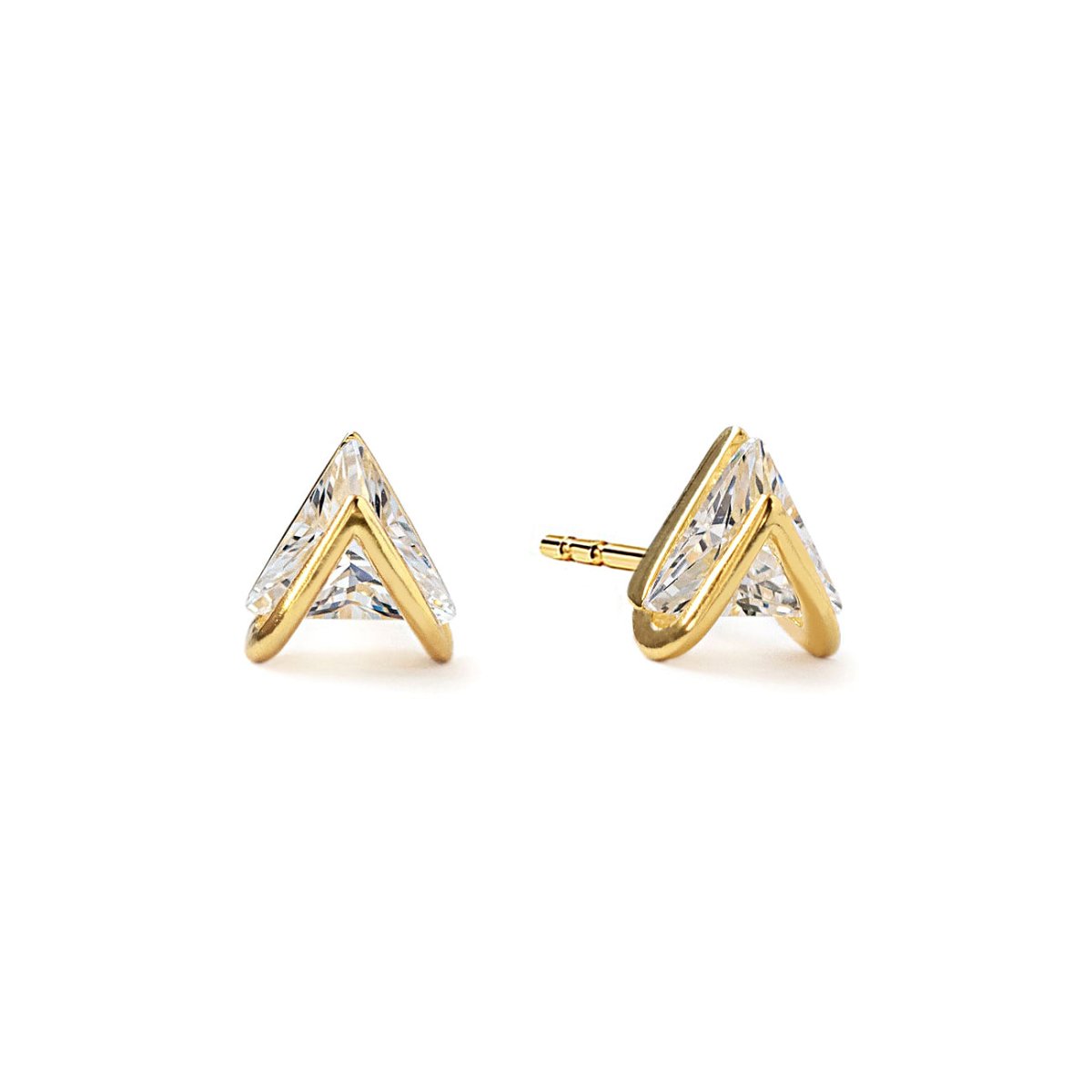 Gold vermeil chevron studs with clear white zirconia, on a white background