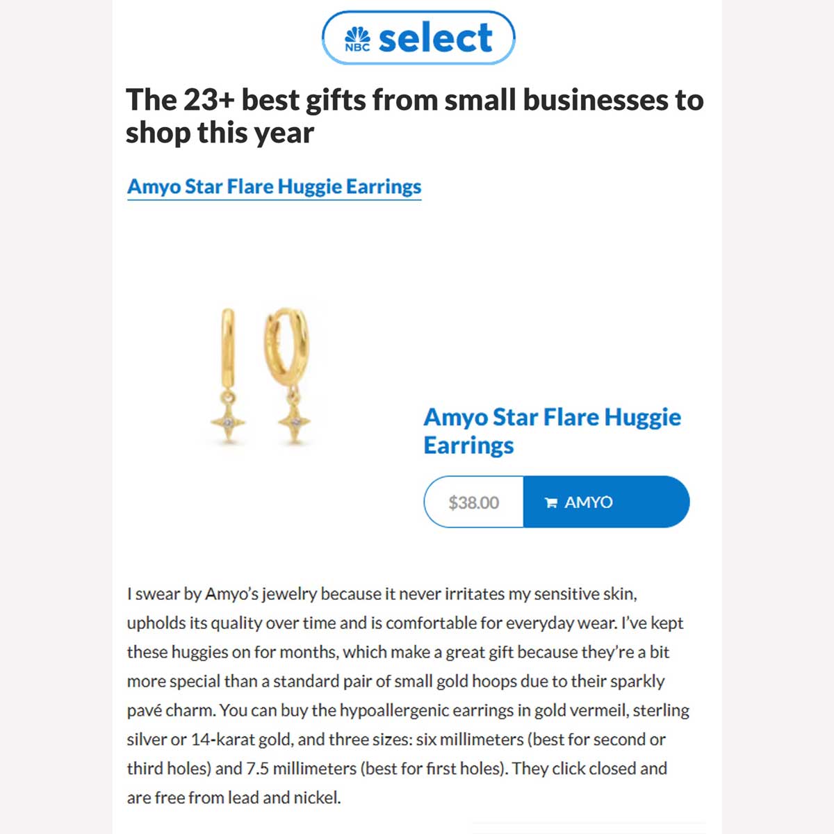 Sterling silver Star Flare huggie hoops in an NBC Select gift feature, on a white background