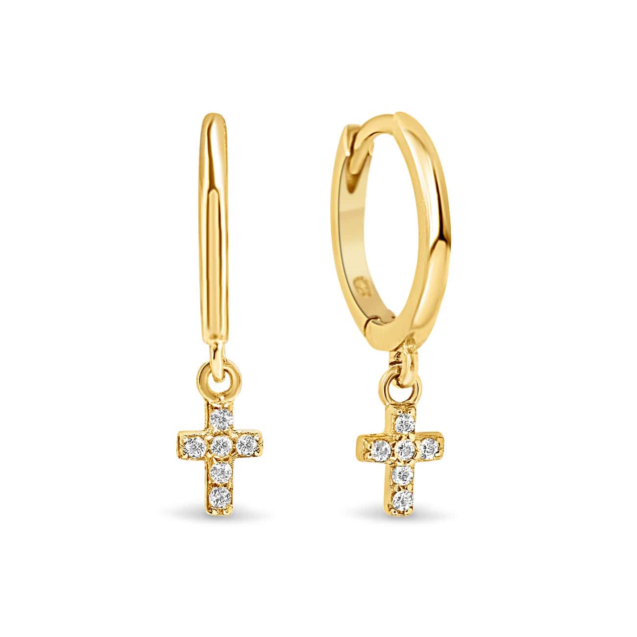 Gold vermeil huggie hoops with a dangling cross of clear white zirconia, on a white background