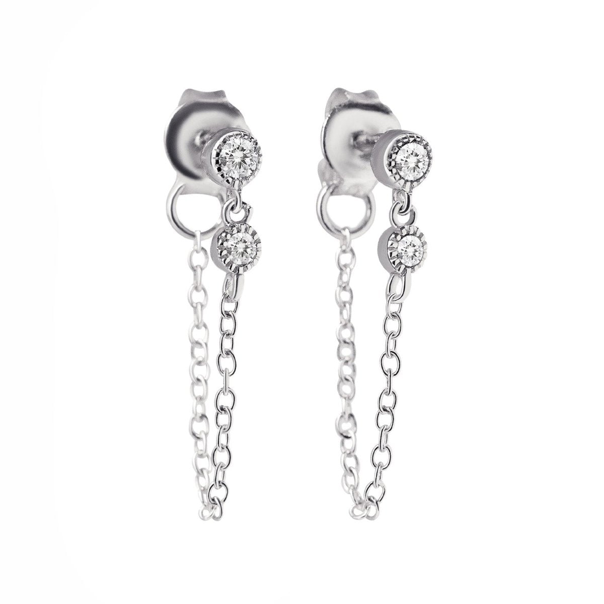 Pair of sterling silver chain stud earrings with two bezel-set clear stones, on a white background