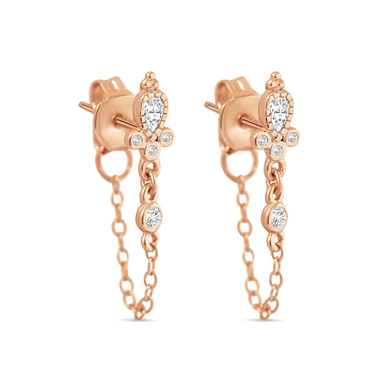 Rose gold vermeil chain-wrap stud earrings with pear and round white zirconia stones, on a white background