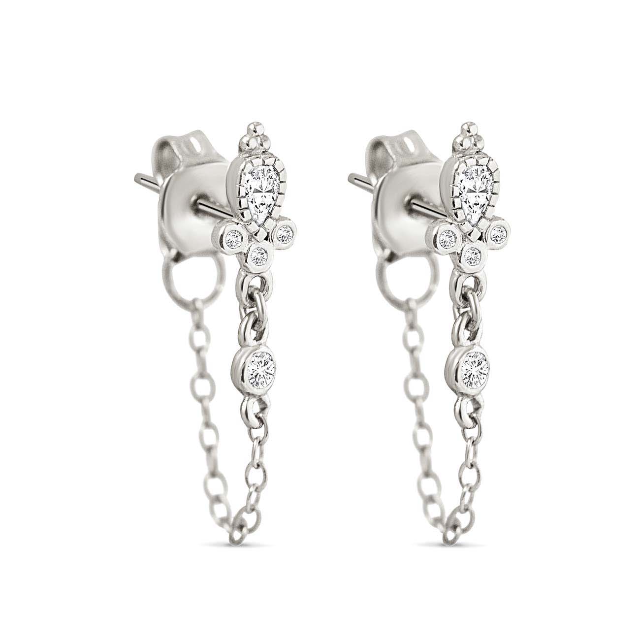 Sterling silver chain-wrap stud earrings with pear and round white zirconia stones, on a white background