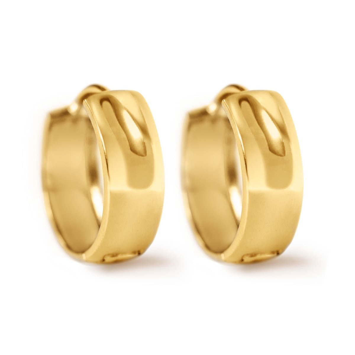 Gold vermeil wide chunky mini huggie hoop earrings, shown as a pair on a white background