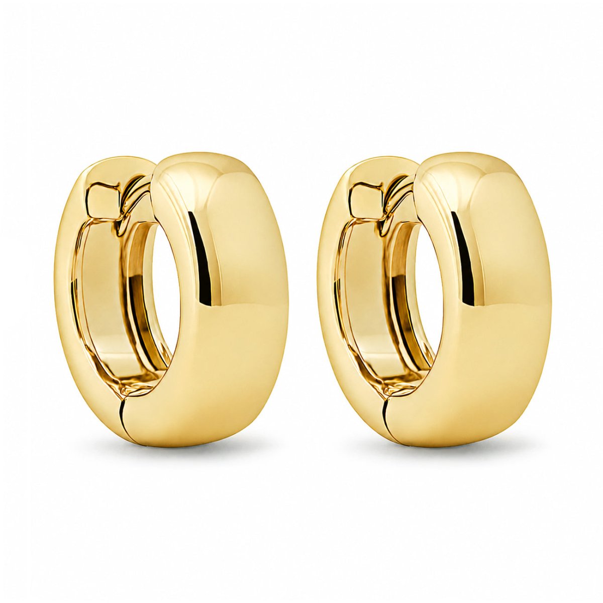 Gold vermeil chunky boyfriend mini hoop earrings, on a white background
