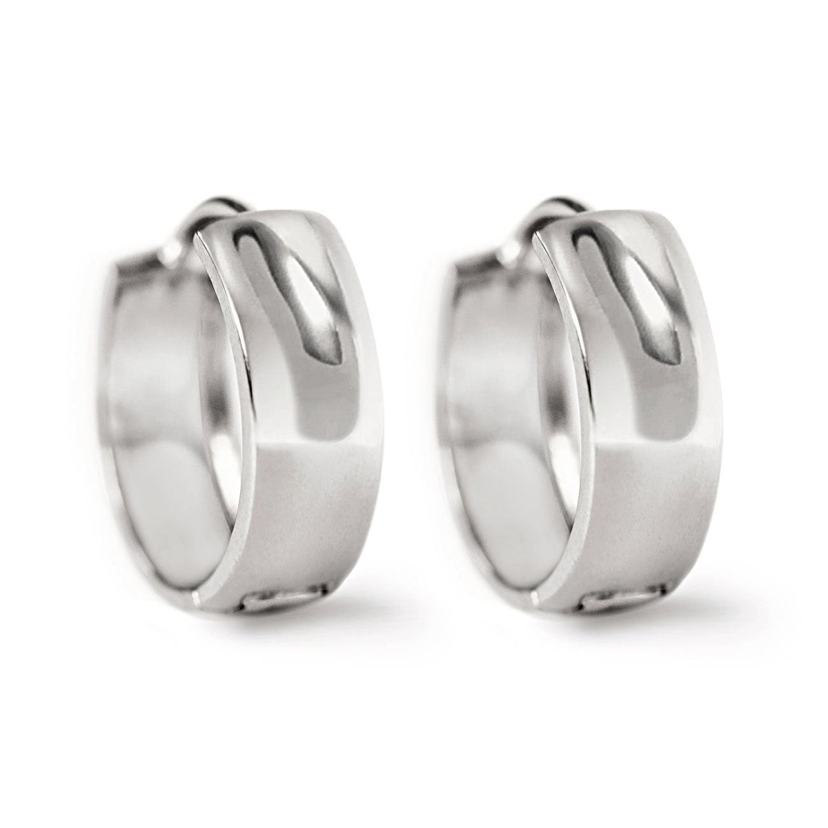 Sterling silver wide chunky mini huggie hoop earrings, shown as a pair on a white background