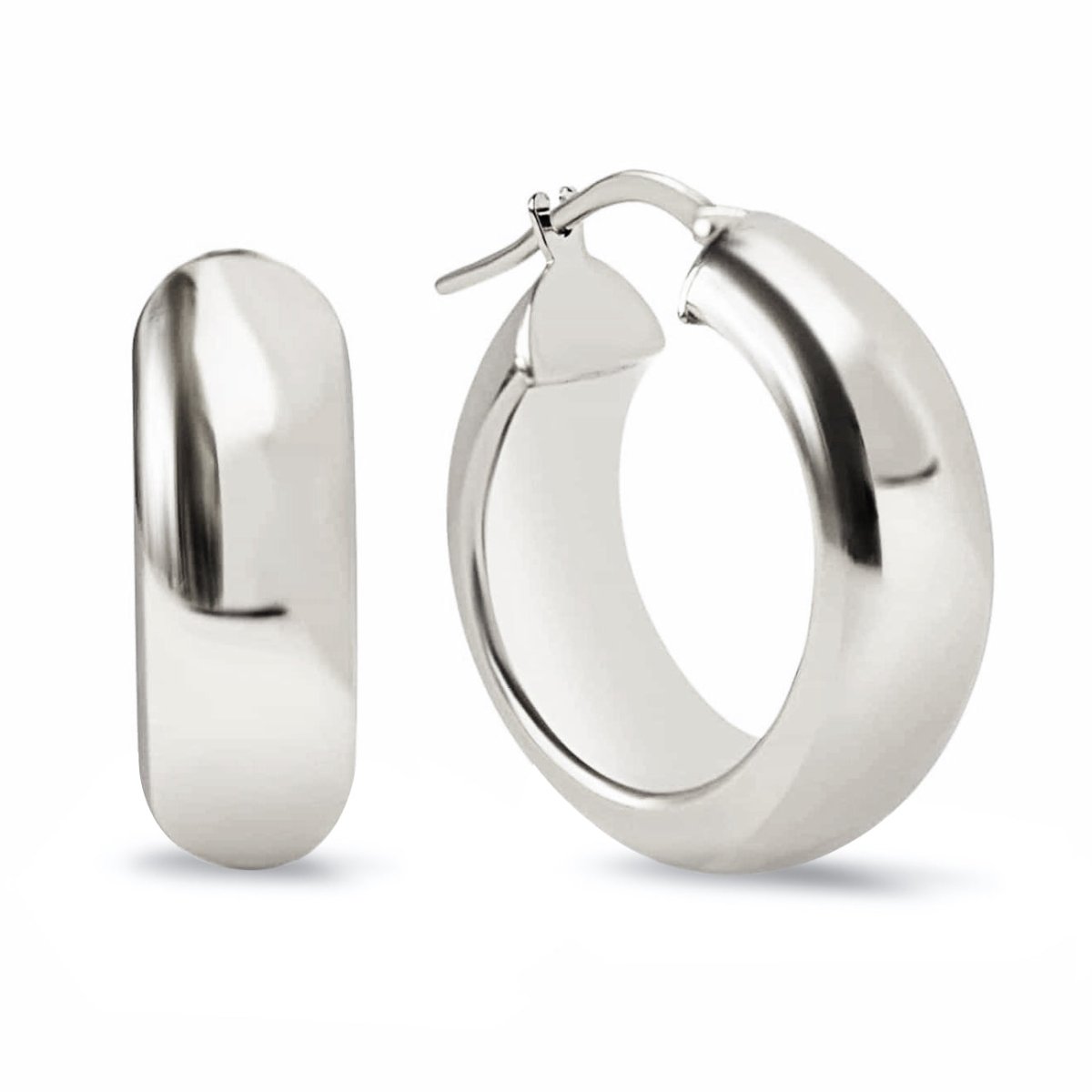 Sterling silver chunky hoop earrings, front and side view on a white background