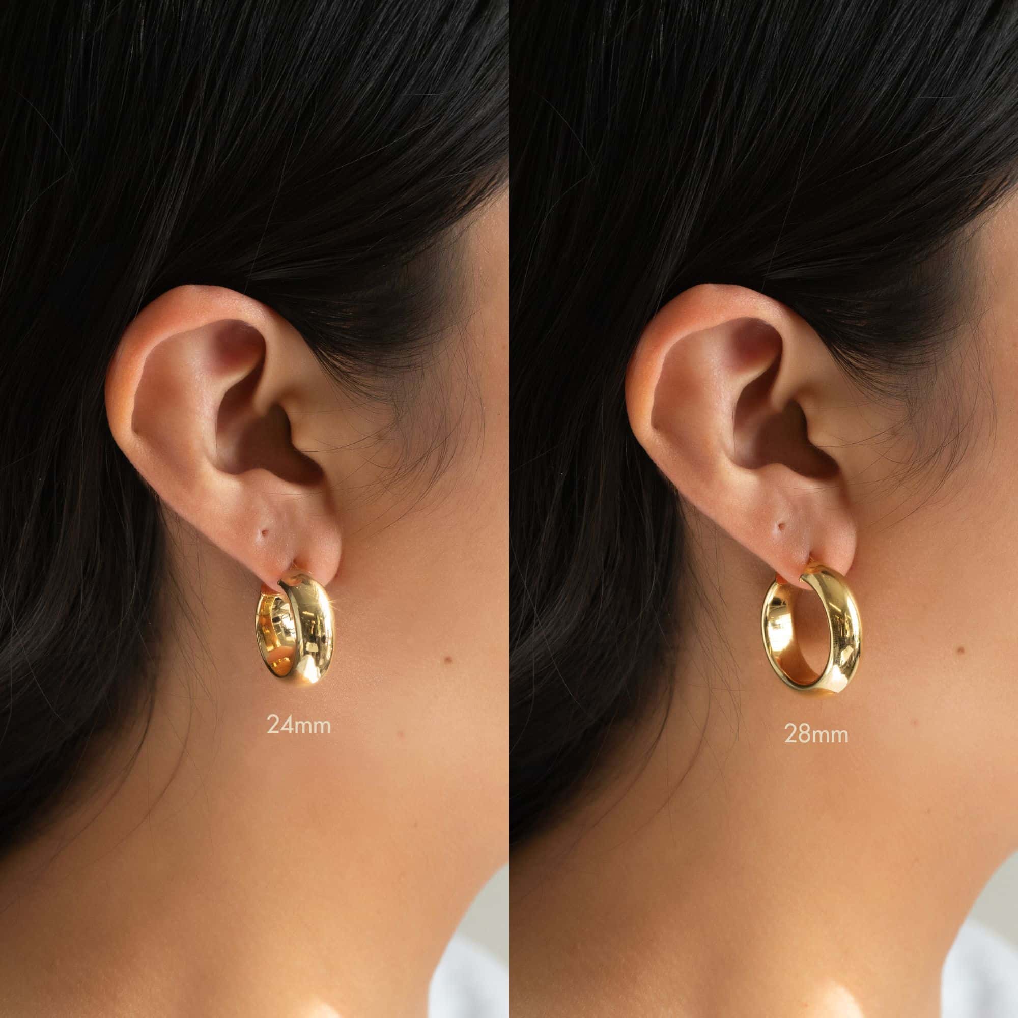 Gold vermeil chunky hoops shown on a model in 24mm and 28mm size comparison