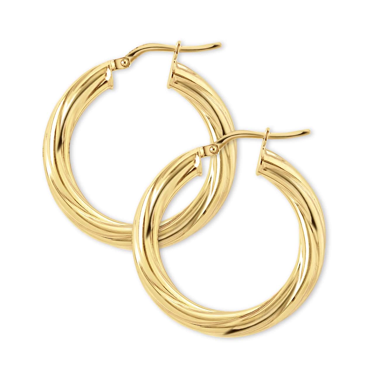 Gold vermeil thick twisted hoop earrings, pair shown overlapping on a white background