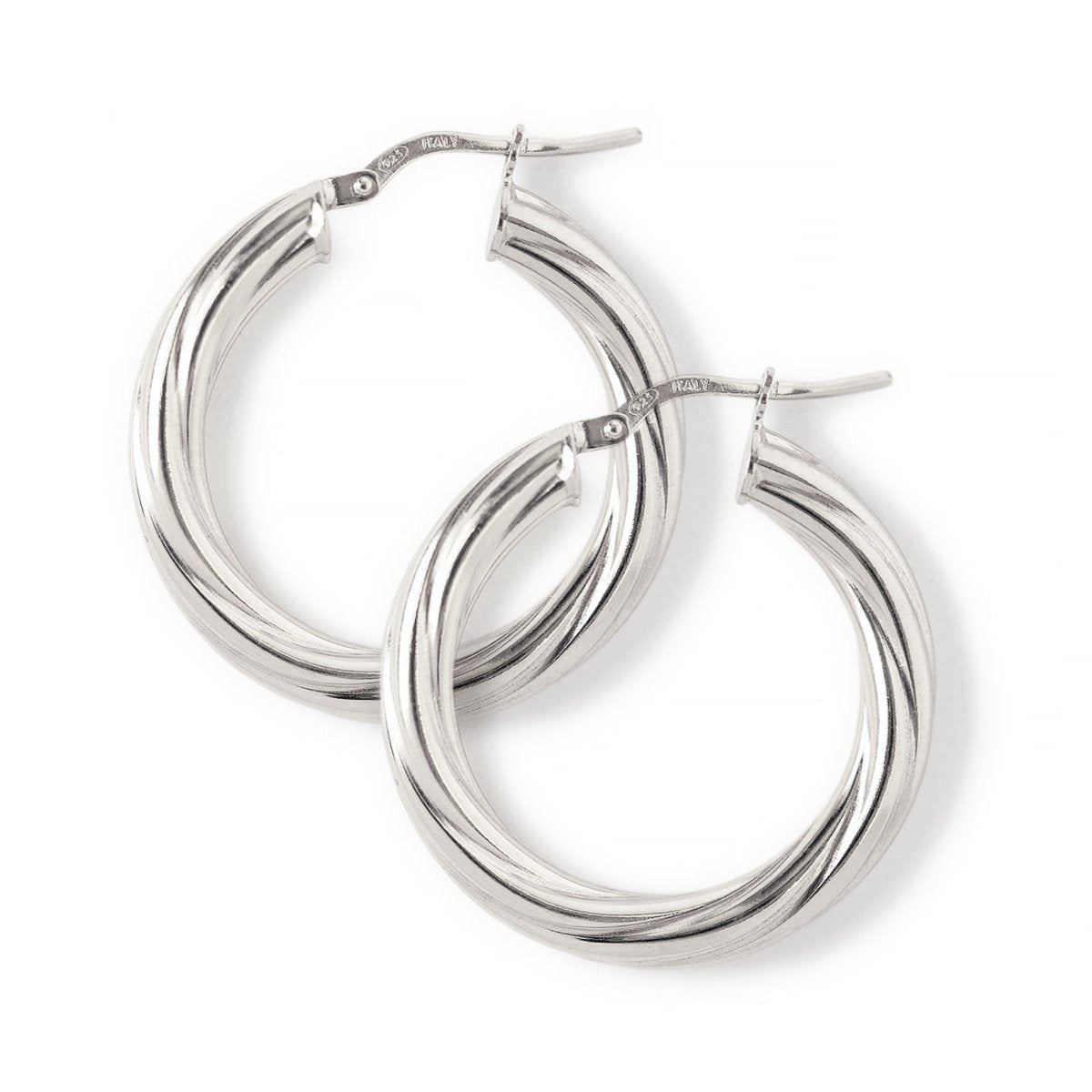Sterling silver thick twisted hoop earrings, pair shown overlapping on a white background