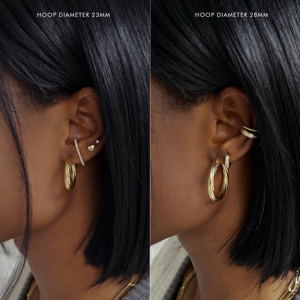 Gold vermeil thick twisted hoops, size comparison 23mm and 28mm shown on a model's lobe