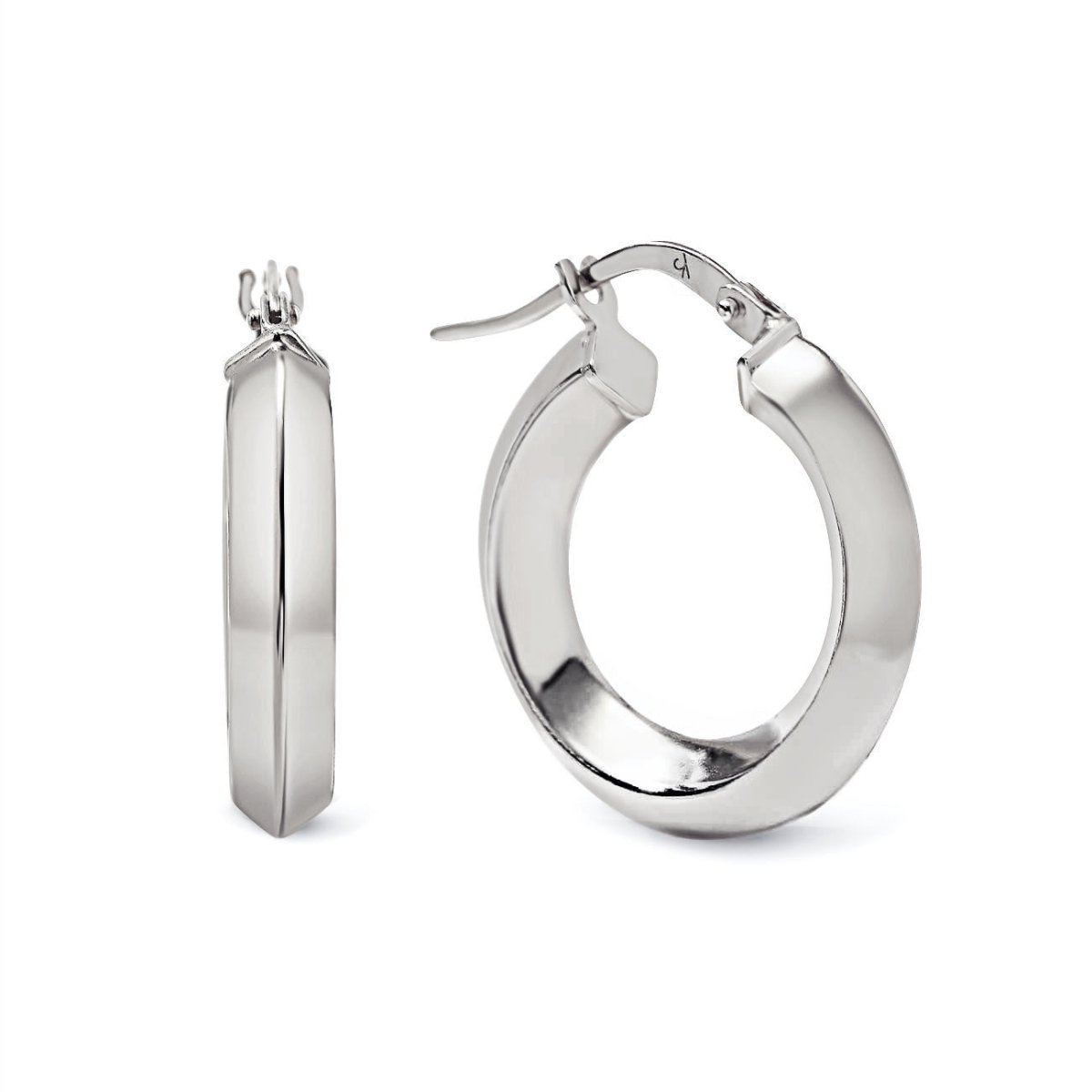 Sterling silver mini hoop earrings with a flat ridged edge, front and side views on a white background