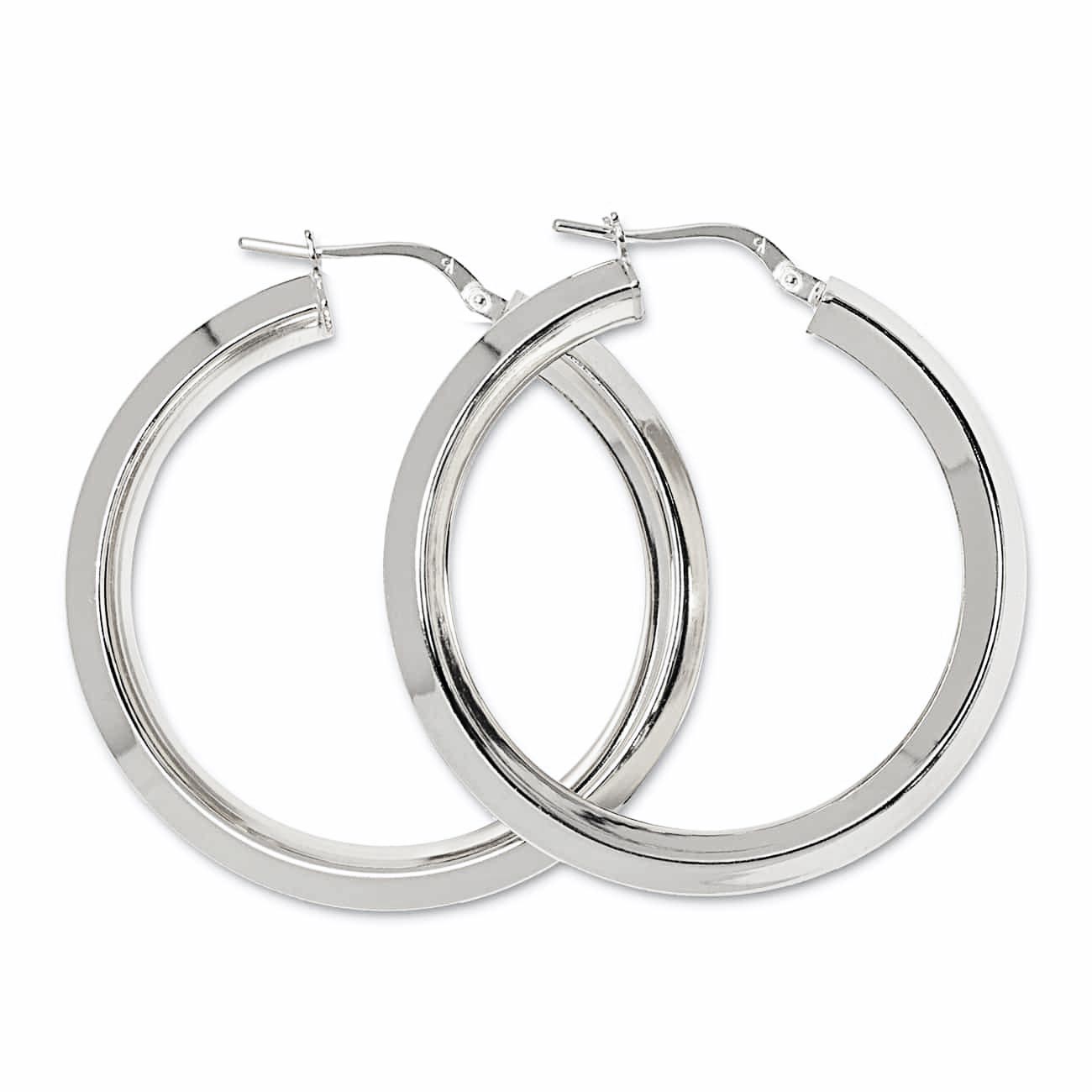 Pair of sterling silver large hoop earrings with a flat square edge and hinged closure, on a white background