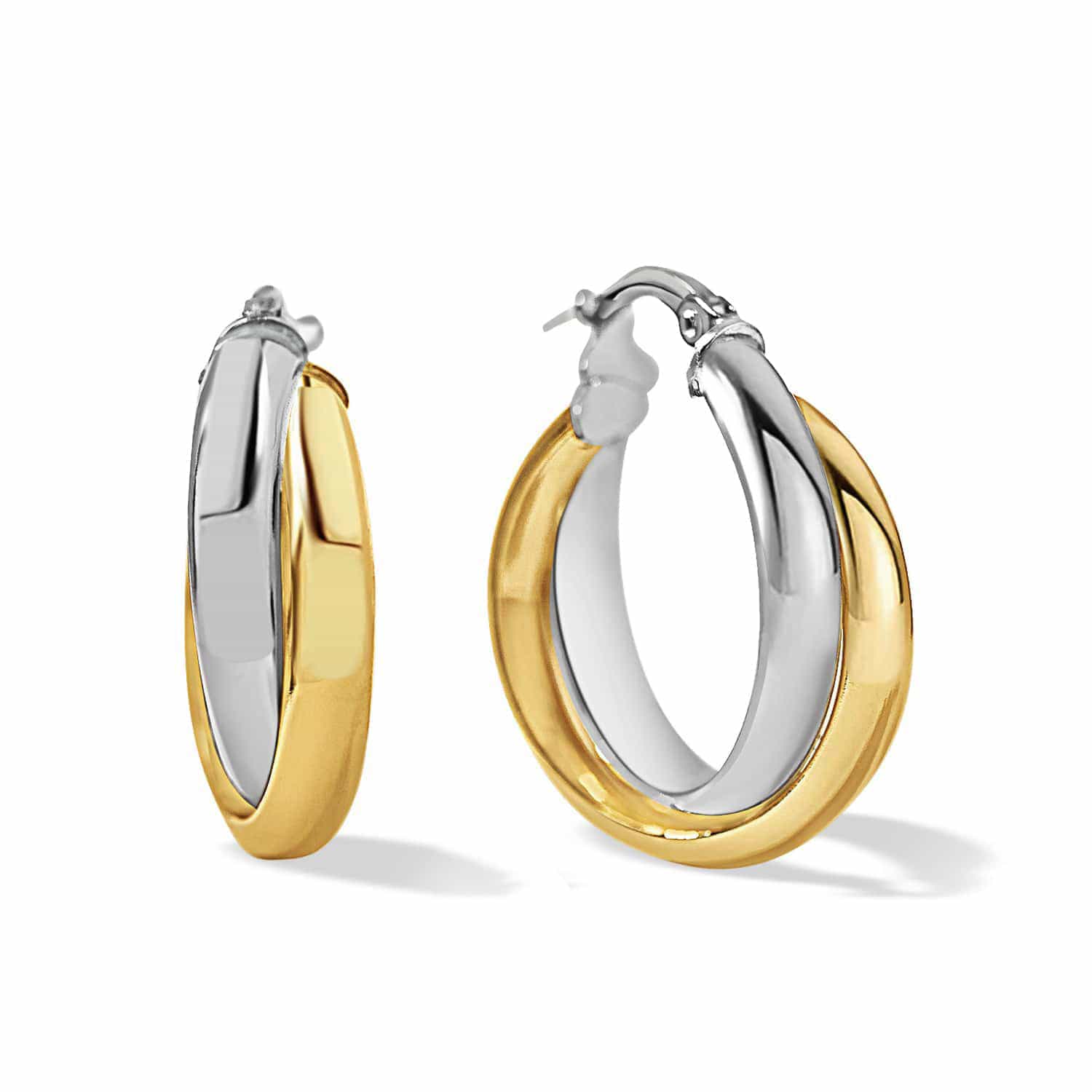 Gold vermeil and silver two-tone twist hoops, shown on a white background