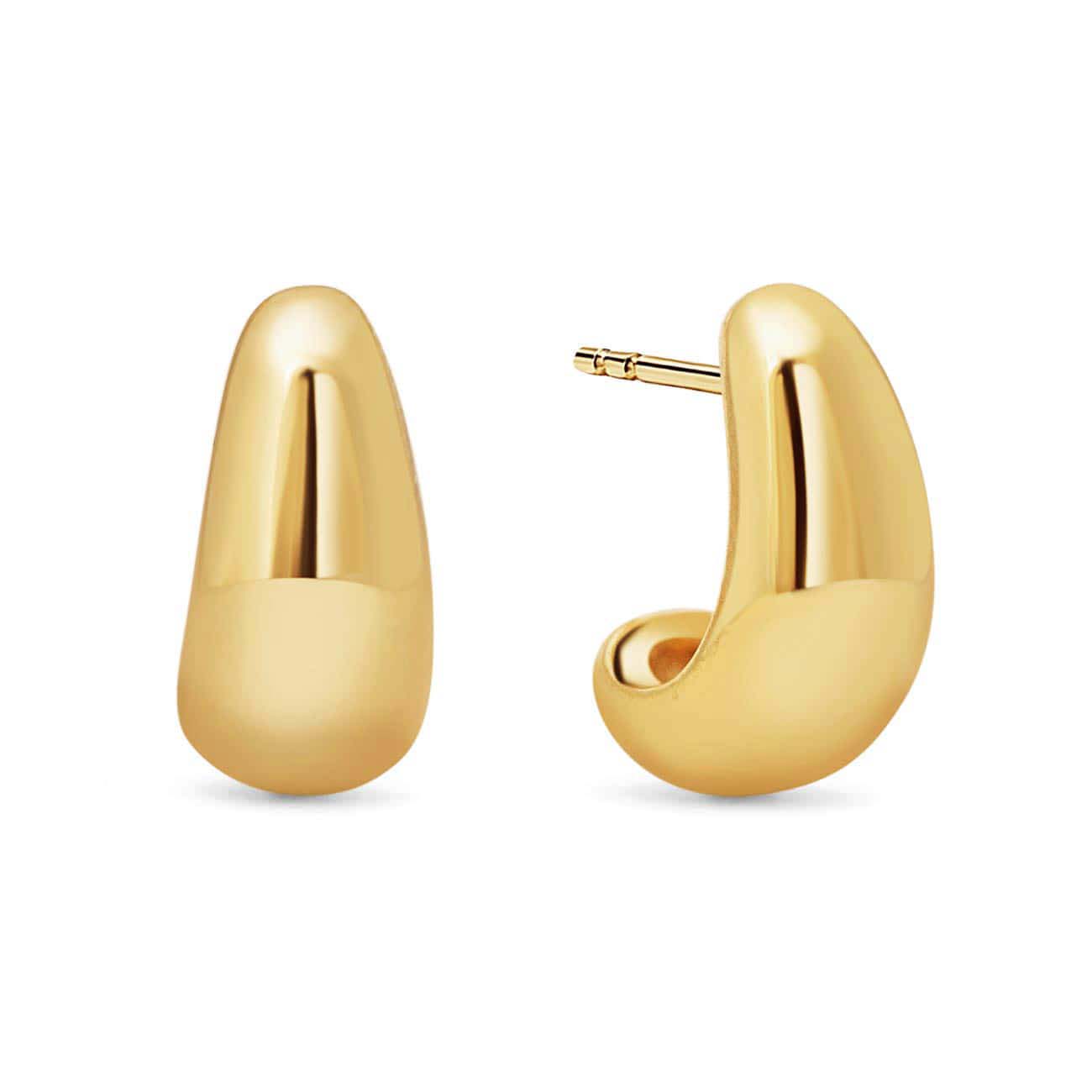 Gold vermeil chunky J-hoop earrings with a tapered teardrop shape, on a white background