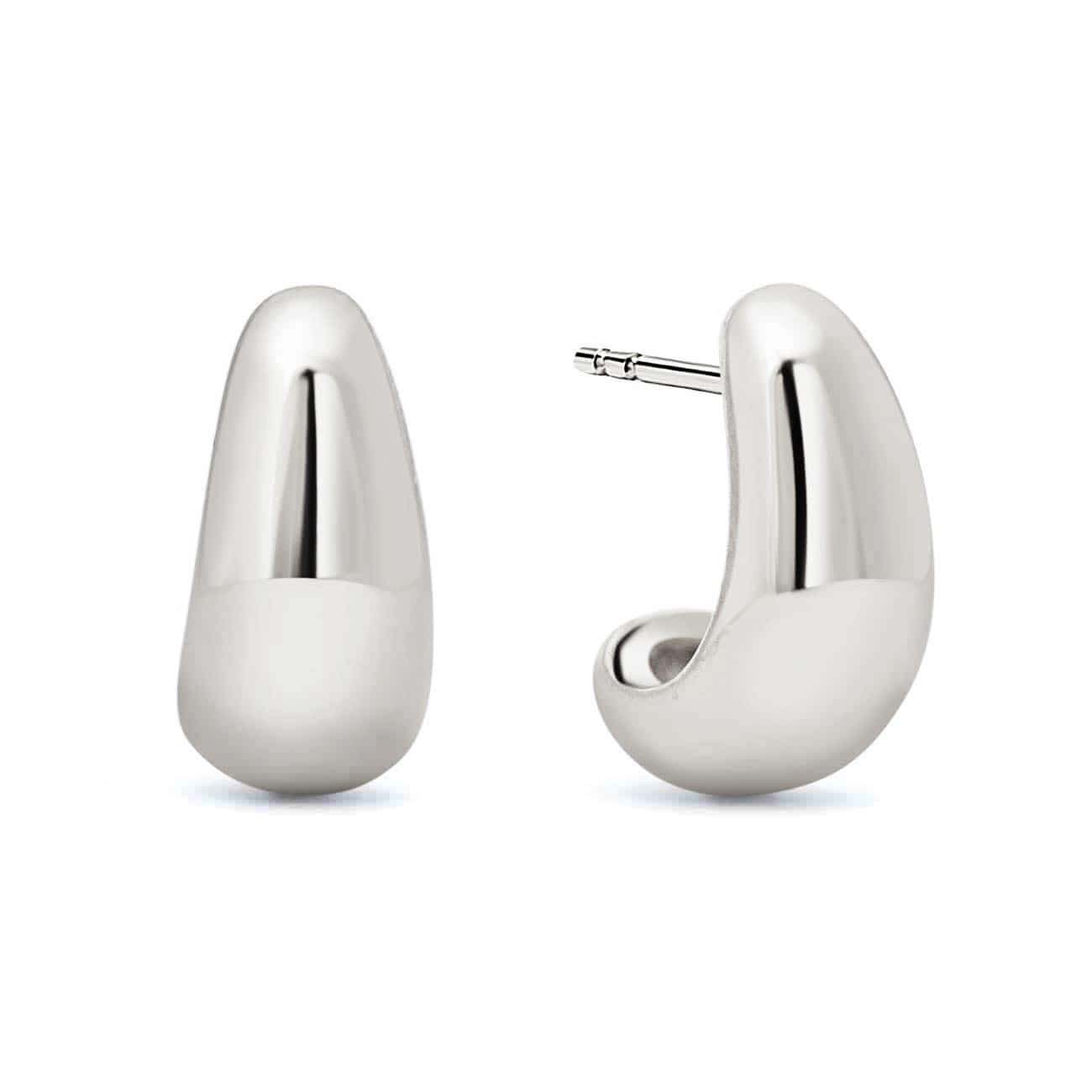 Sterling silver chunky J-hoop earrings with a tapered teardrop shape, on a white background