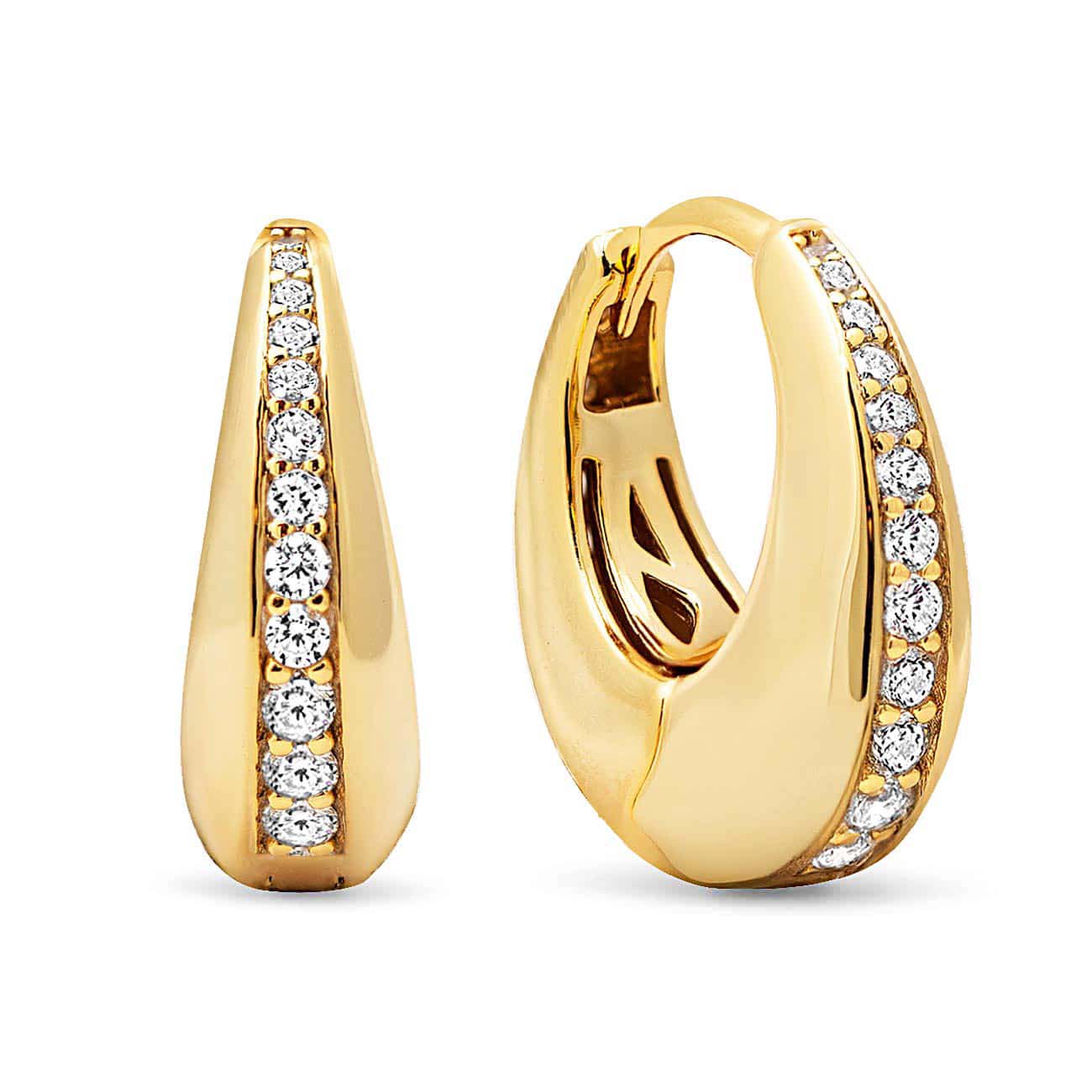 Gold vermeil chunky huggie hoops with a pavé zirconia inlay, side and front view on a white background