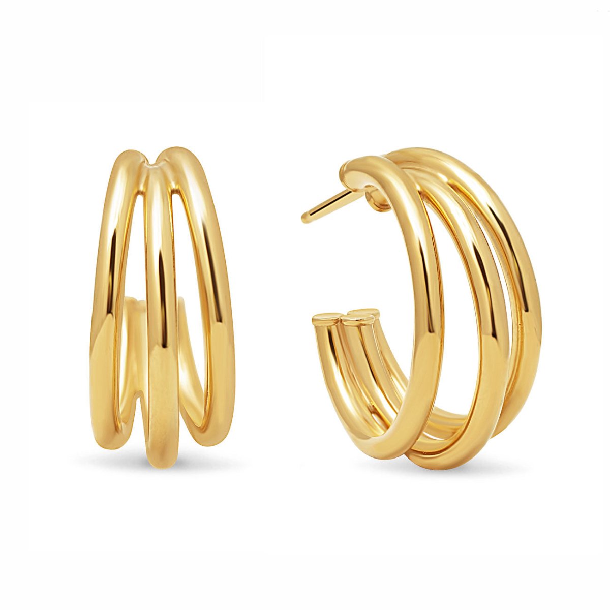 Gold vermeil triple-row open hoop earrings, front and side view on a white background