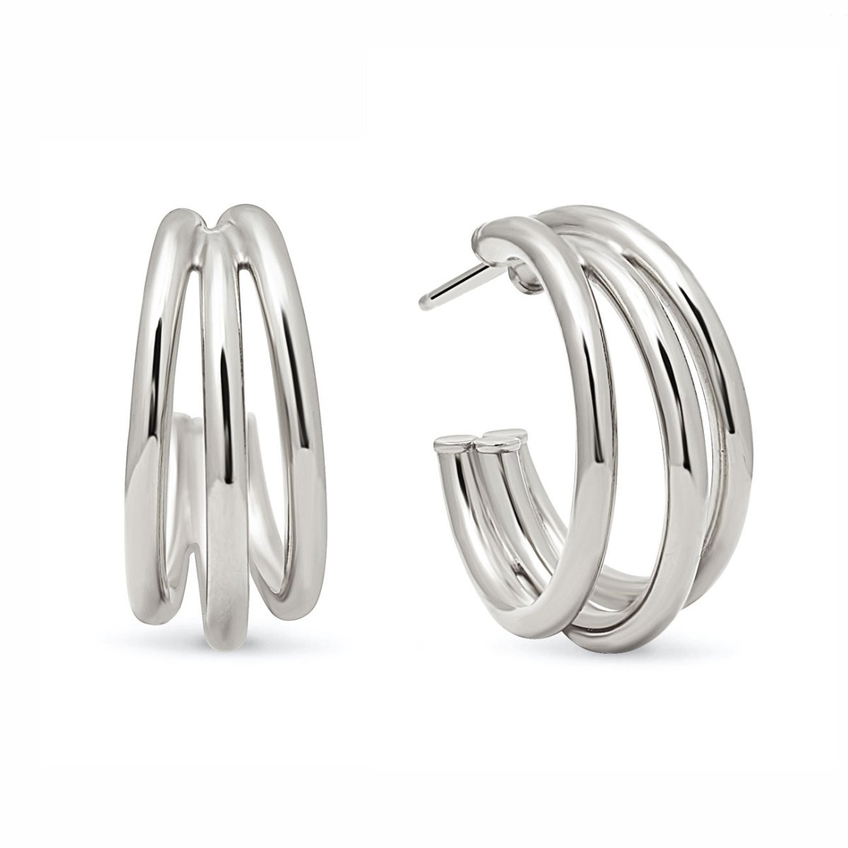 Sterling silver triple-row open hoop earrings, front and side view on a white background