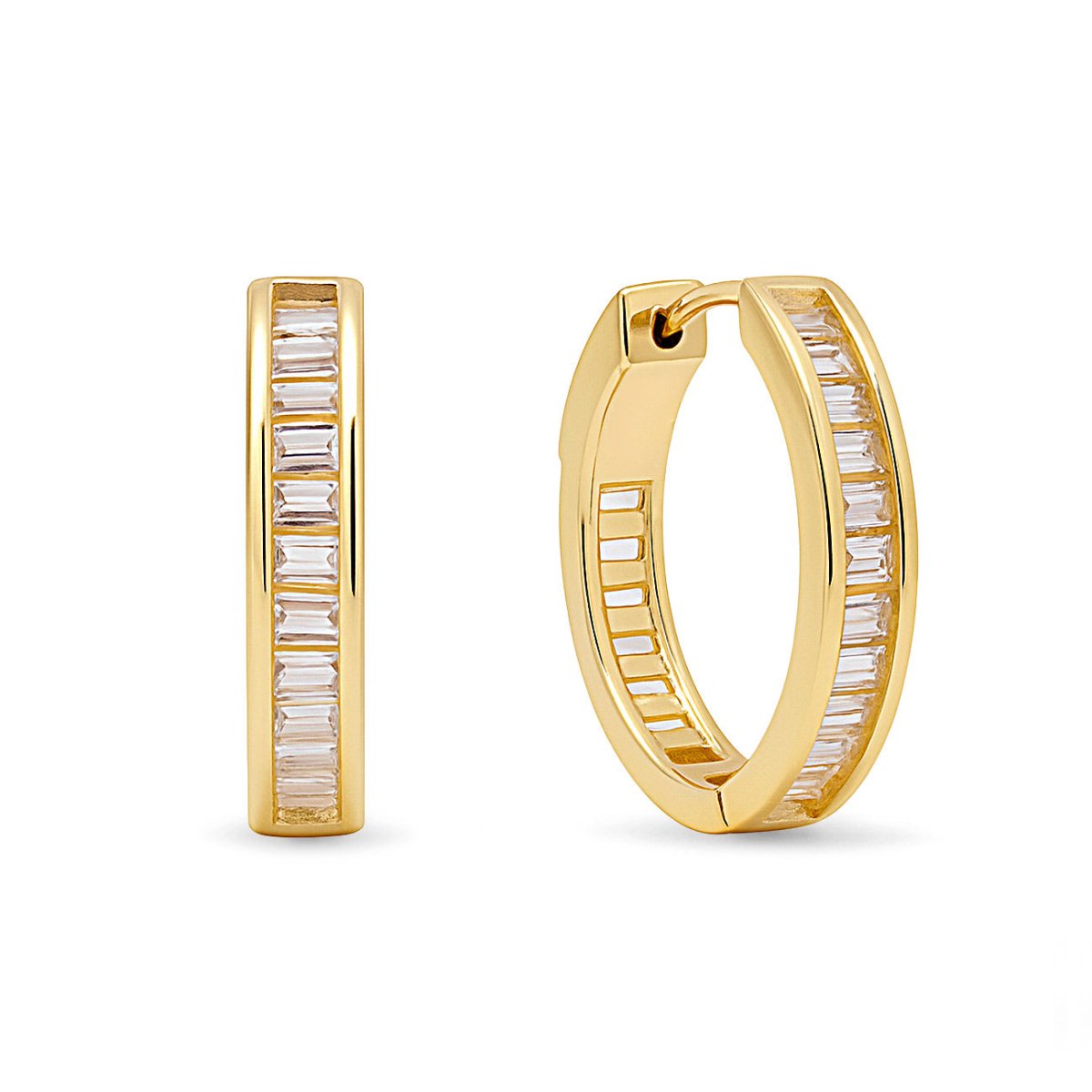 Gold vermeil channel-set baguette huggie hoops with clear stones, front and angled view on a white background