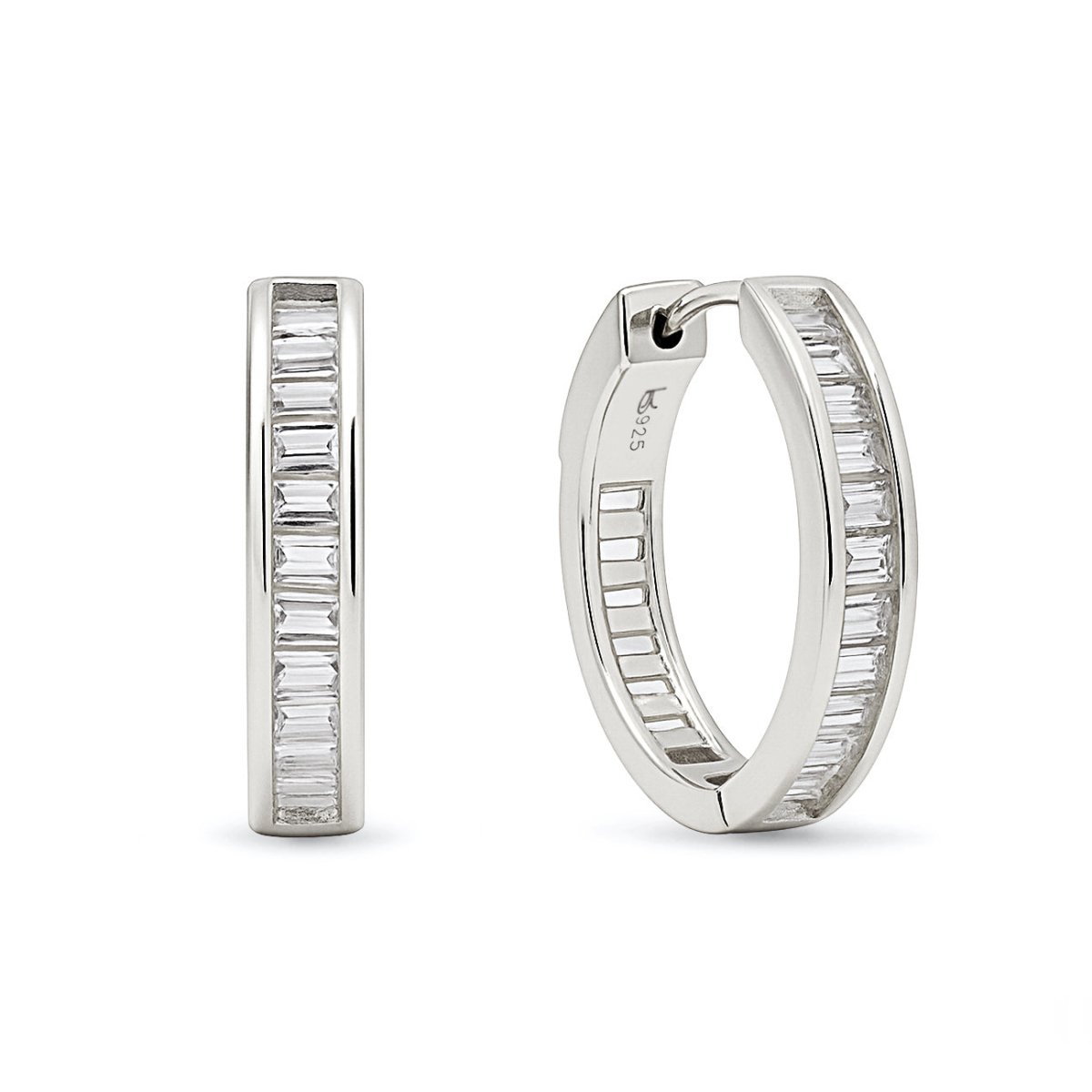 Sterling silver channel-set baguette huggie hoops with white zirconia, front and angled view on a white background