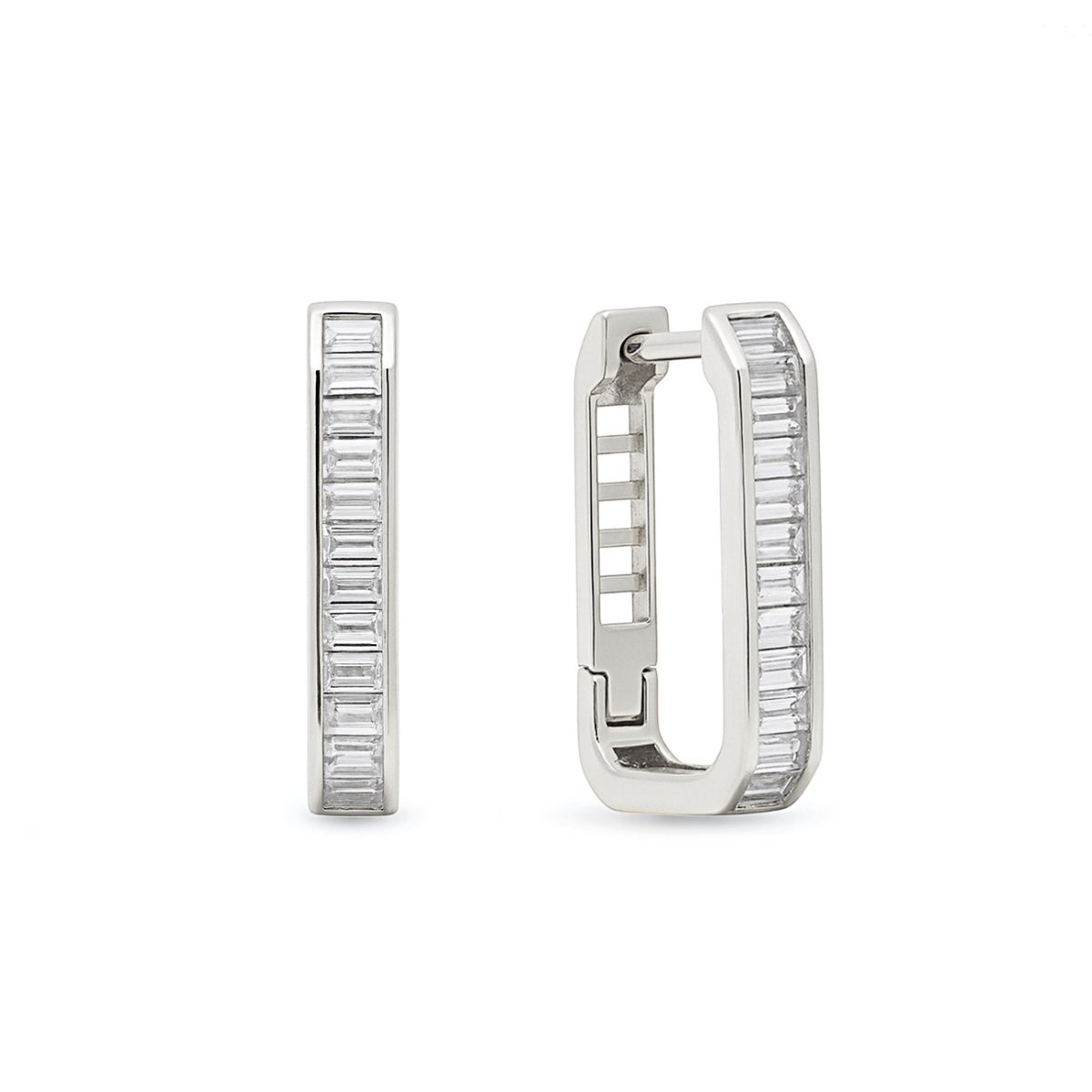 Sterling silver channel-set baguette oval huggie hoops with white zirconia, front and angled view on a white background