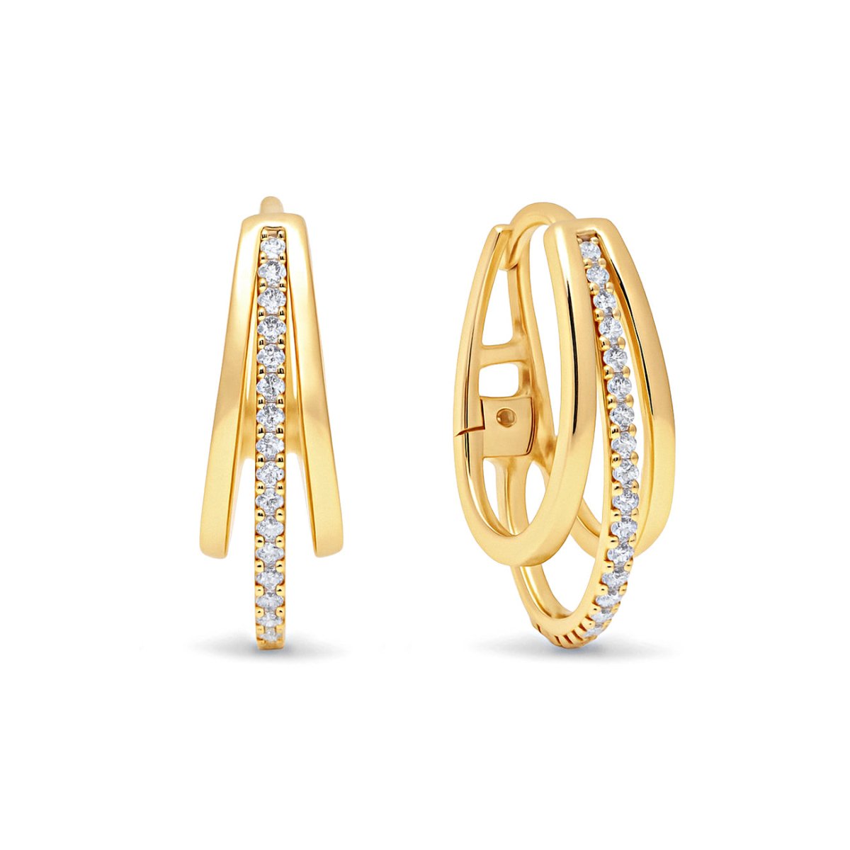 Gold vermeil pave triple mini hoops with clear crystals, on a white background