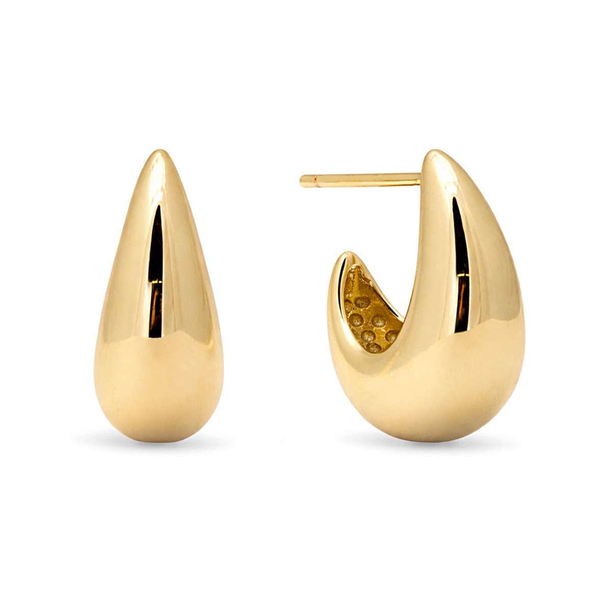 Gold vermeil chunky tapered teardrop dome hoop earrings, front and side views on a white background