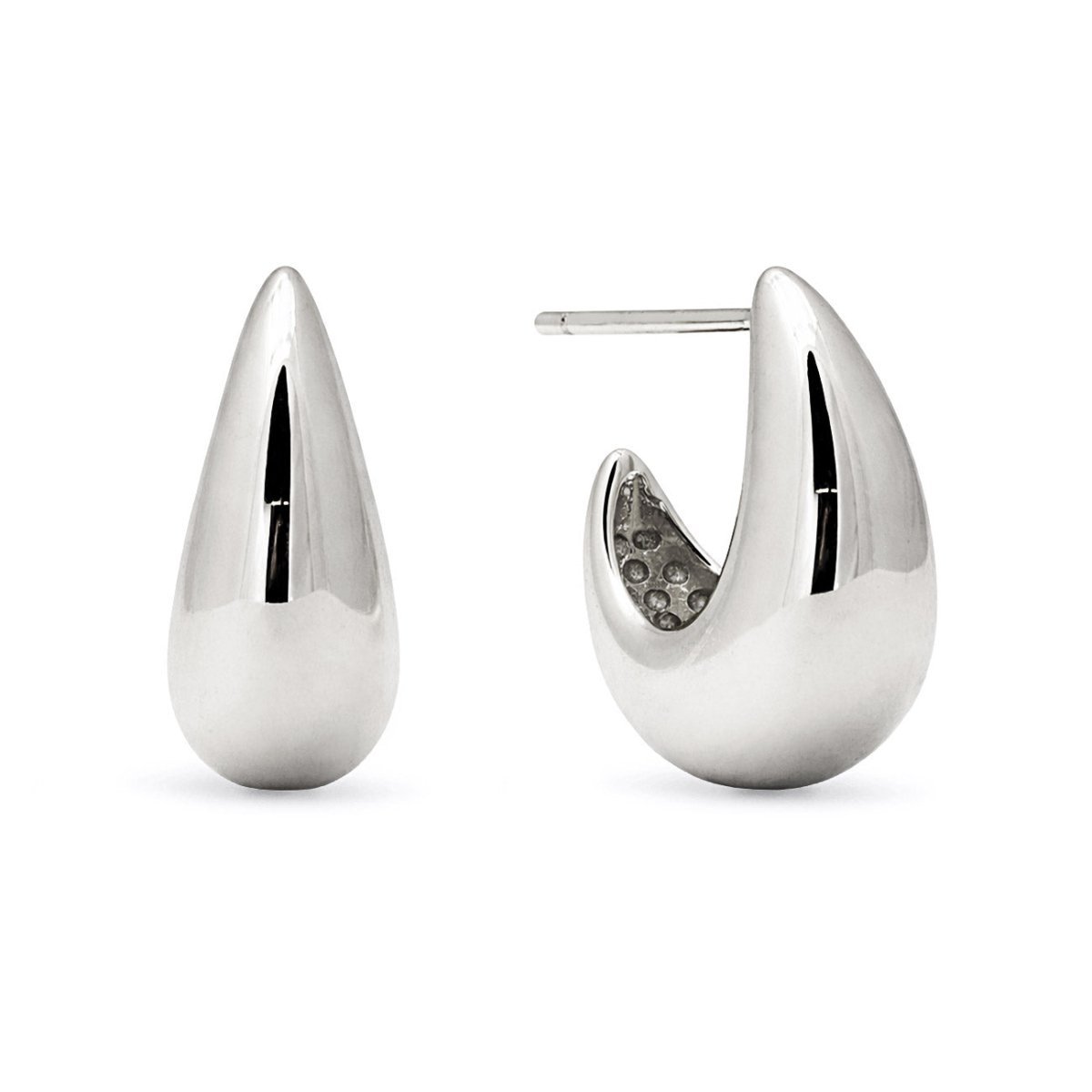 Sterling silver chunky tapered teardrop dome hoop earrings, front and side views on a white background