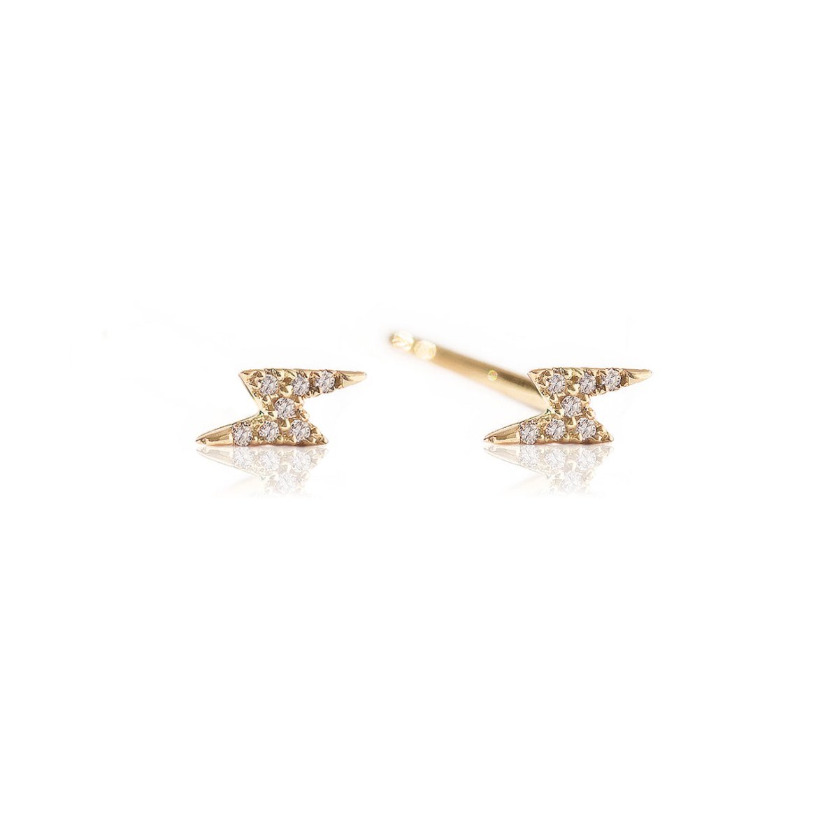 Pair of 14K gold diamond pavé lightning bolt stud earrings on a white background
