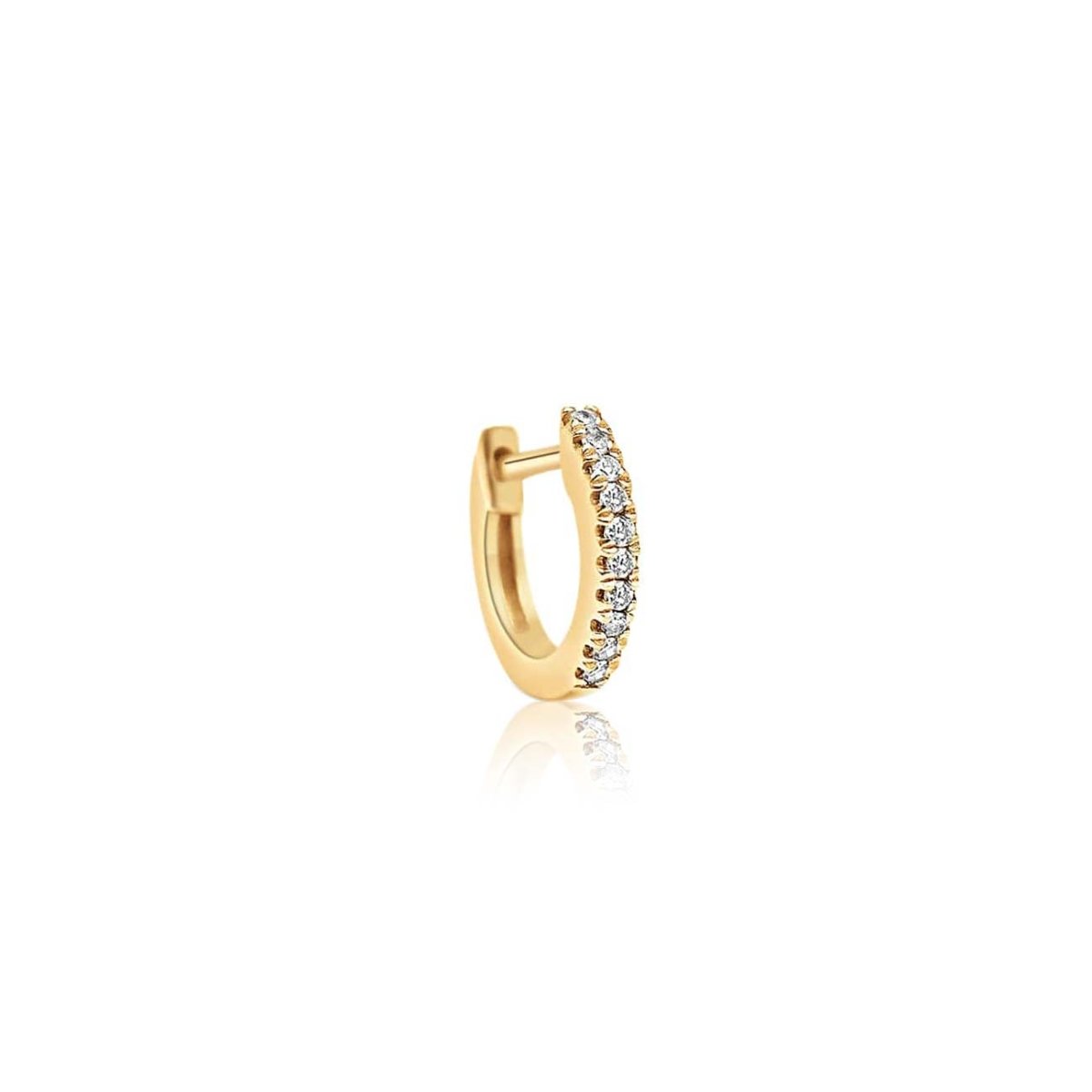 14K gold thin pavé diamond huggie hoop, single earring on a white background