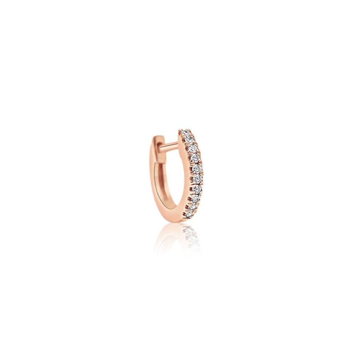 14K rose gold thin pavé diamond huggie hoop, single earring on a white background