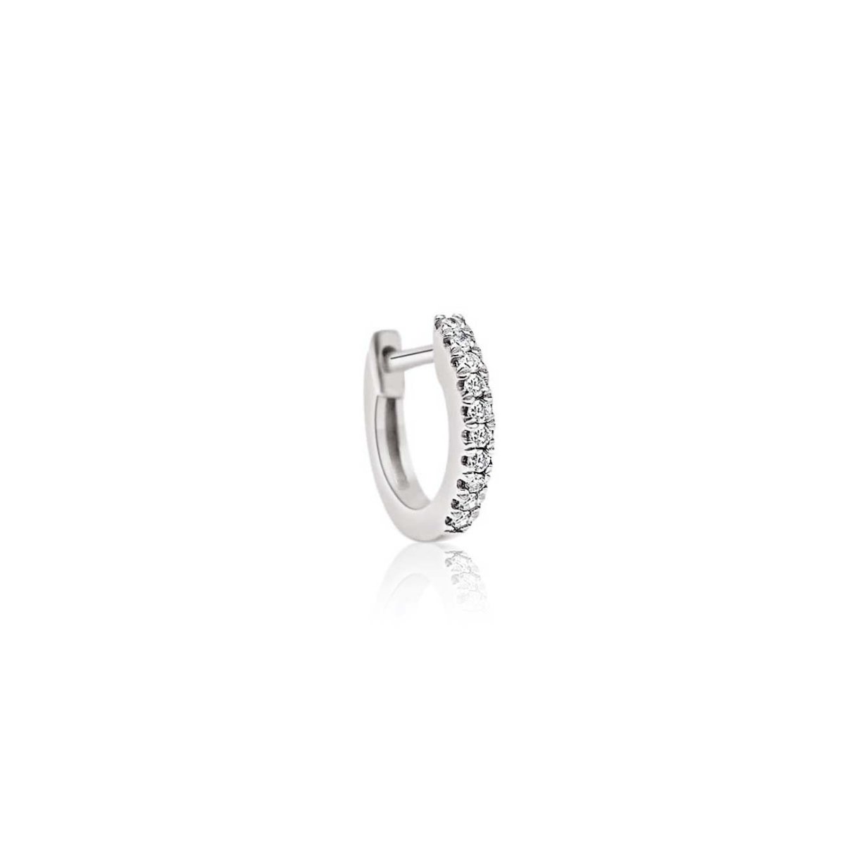 14K white gold thin pavé diamond huggie hoop, single earring on a white background