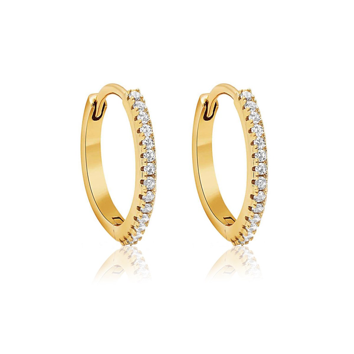 14K gold pave diamond huggie hoop earrings on a white background