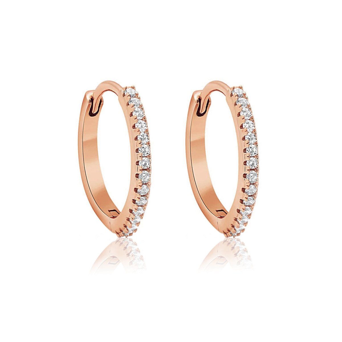 14K rose gold pave diamond huggie hoop earrings on a white background