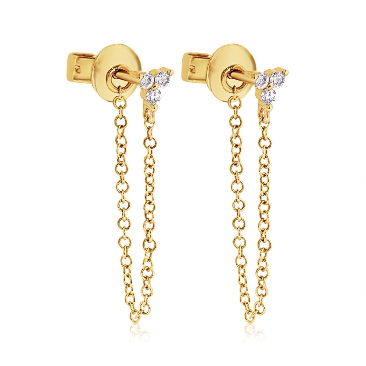 Pair of 14K gold three-stone diamond chain stud earrings with draped chains, on a white background