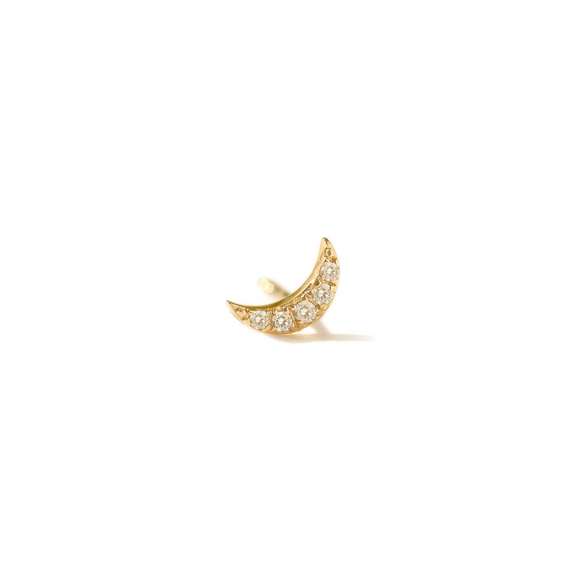 14K gold tiny crescent moon stud earring pave-set with small round diamonds, on a white background