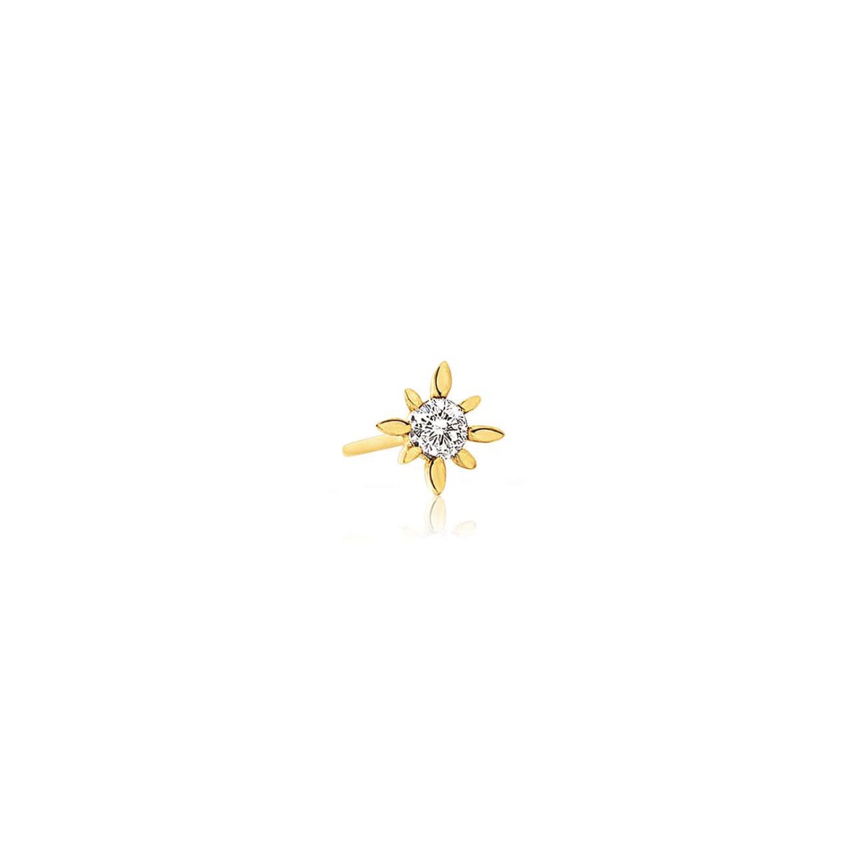 14K gold starburst stud with a round diamond center, on a white background