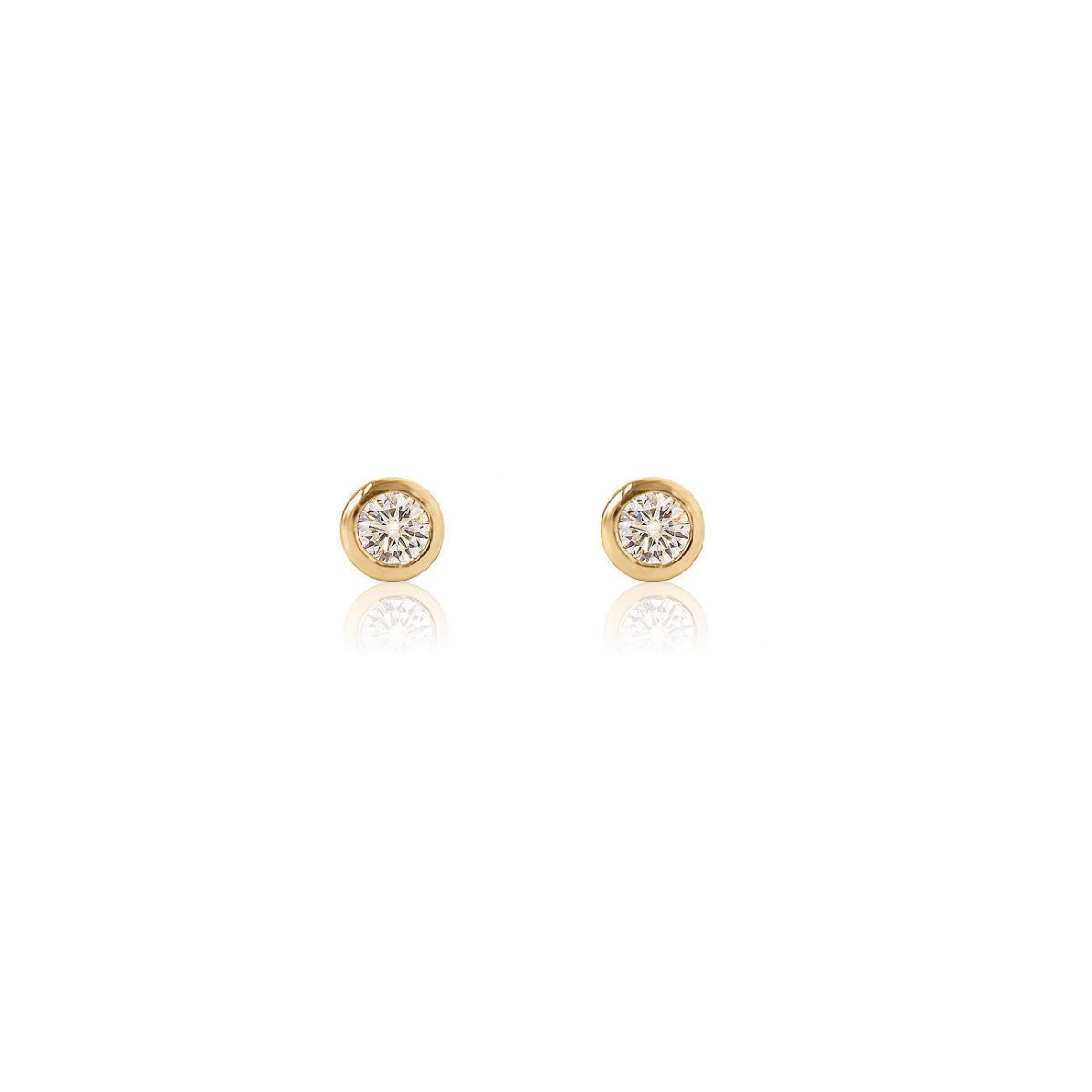 Pair of 14K gold mini bezel studs with round natural diamonds, on a white background