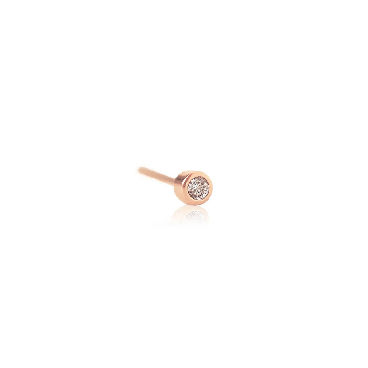 14K rose gold mini bezel single stud with a round natural diamond, on a white background