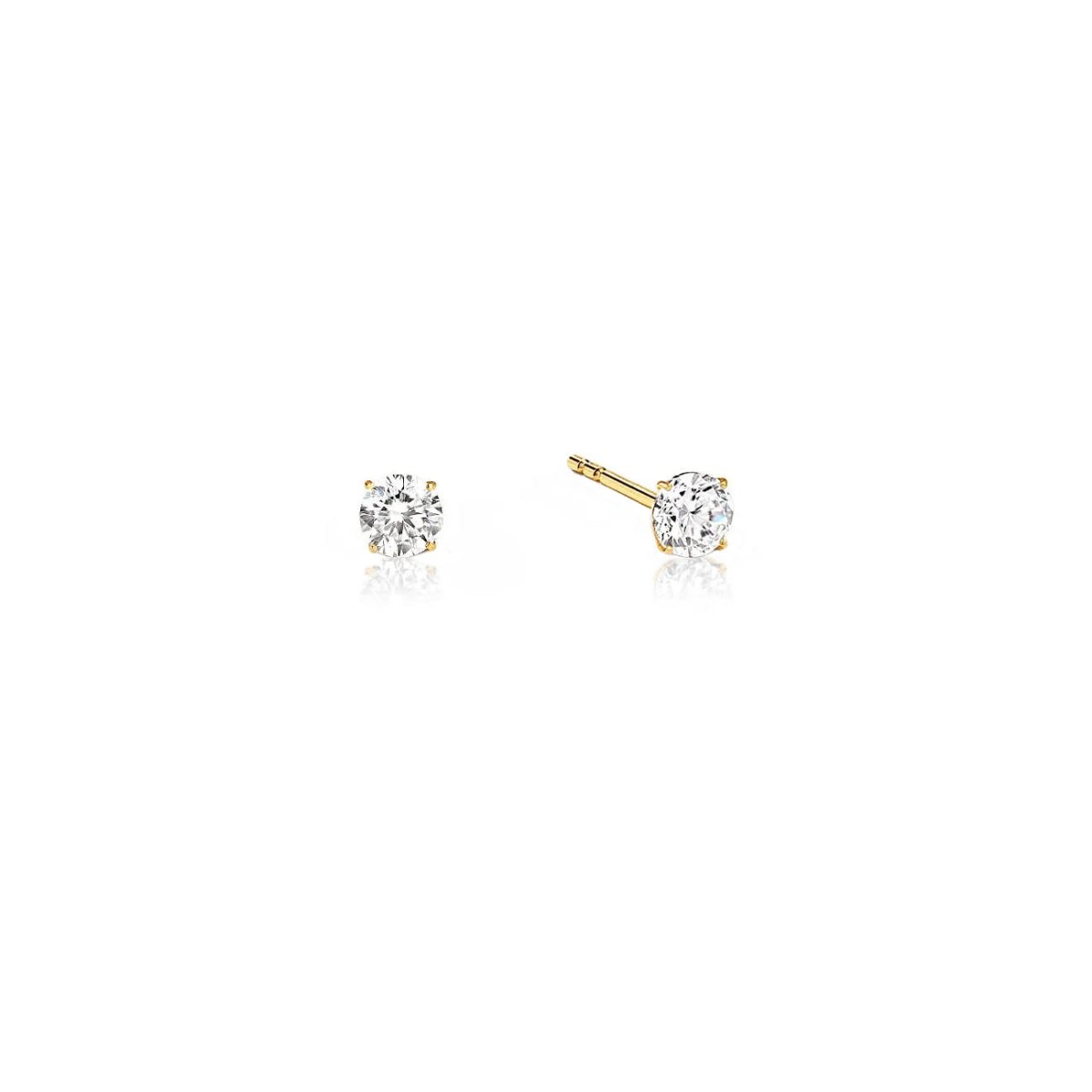 Pair of 14K gold four-prong diamond stud earrings with round clear stones, on a white background