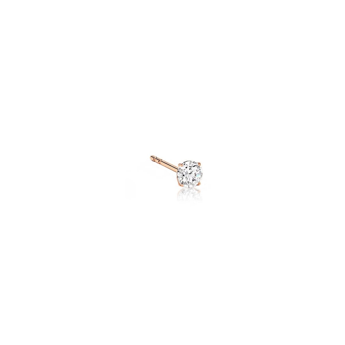 14K rose gold tiny diamond stud with a round prong-set stone, on a white background